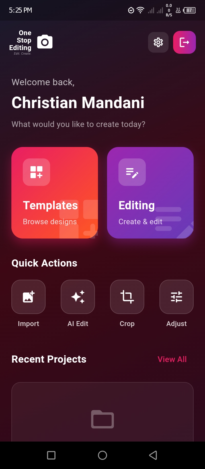 One Stop Editing App - Screen 2